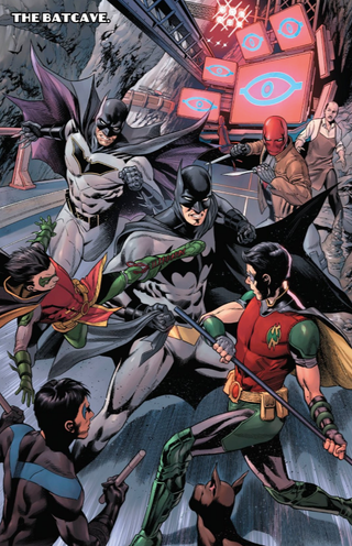 A whole lot of Batmen and Robins fighting each other.